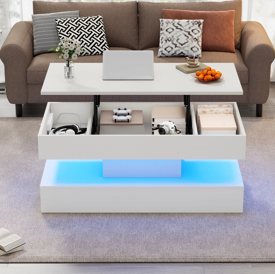 Tavolino da caffè bianco con piano sollevabile, LED Bluetooth, prese EU e vano nascosto