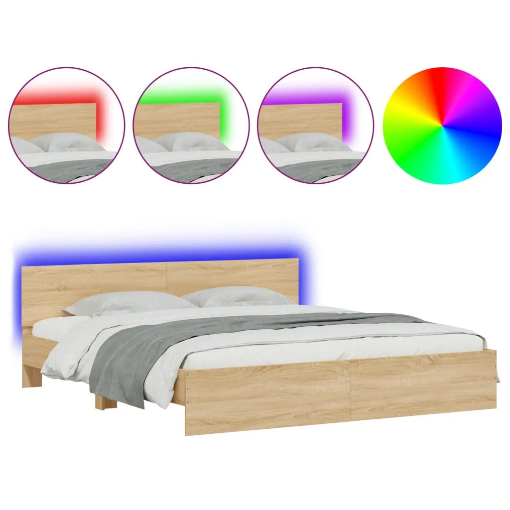 Letto matrimoniale | Letto per adulti | Giroletto con Testiera e LED Rovere Sonoma 180x200 cm
