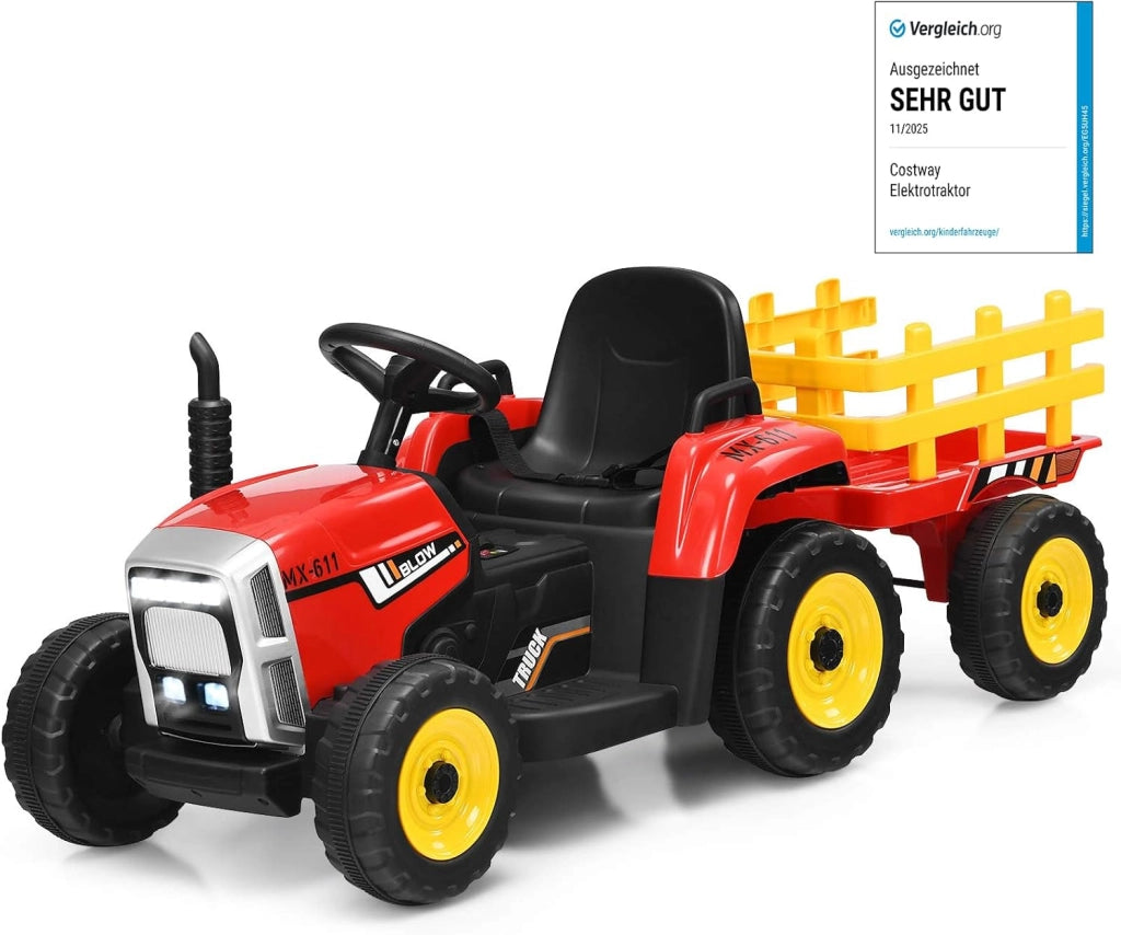 Trattore con Rimorchio Cavalcabile per Bambini 12V, Trattore Elettrico Telecomandato, con Luci e Suoni, 30kg, 3+ Anni (Rosso)