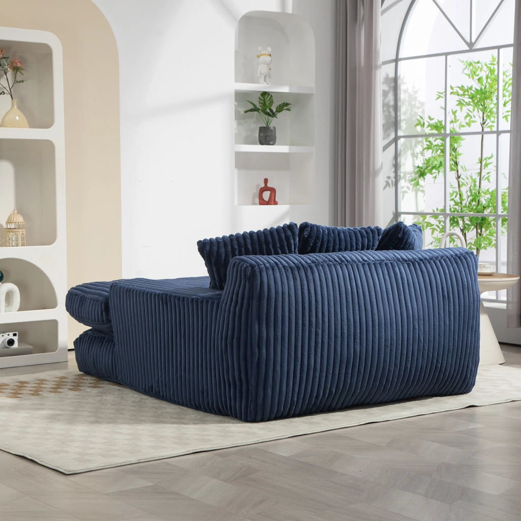Poltrona chaise longue in velluto a coste blu navy con 3 cuscini schienale e braccioli per soggiorno e studio