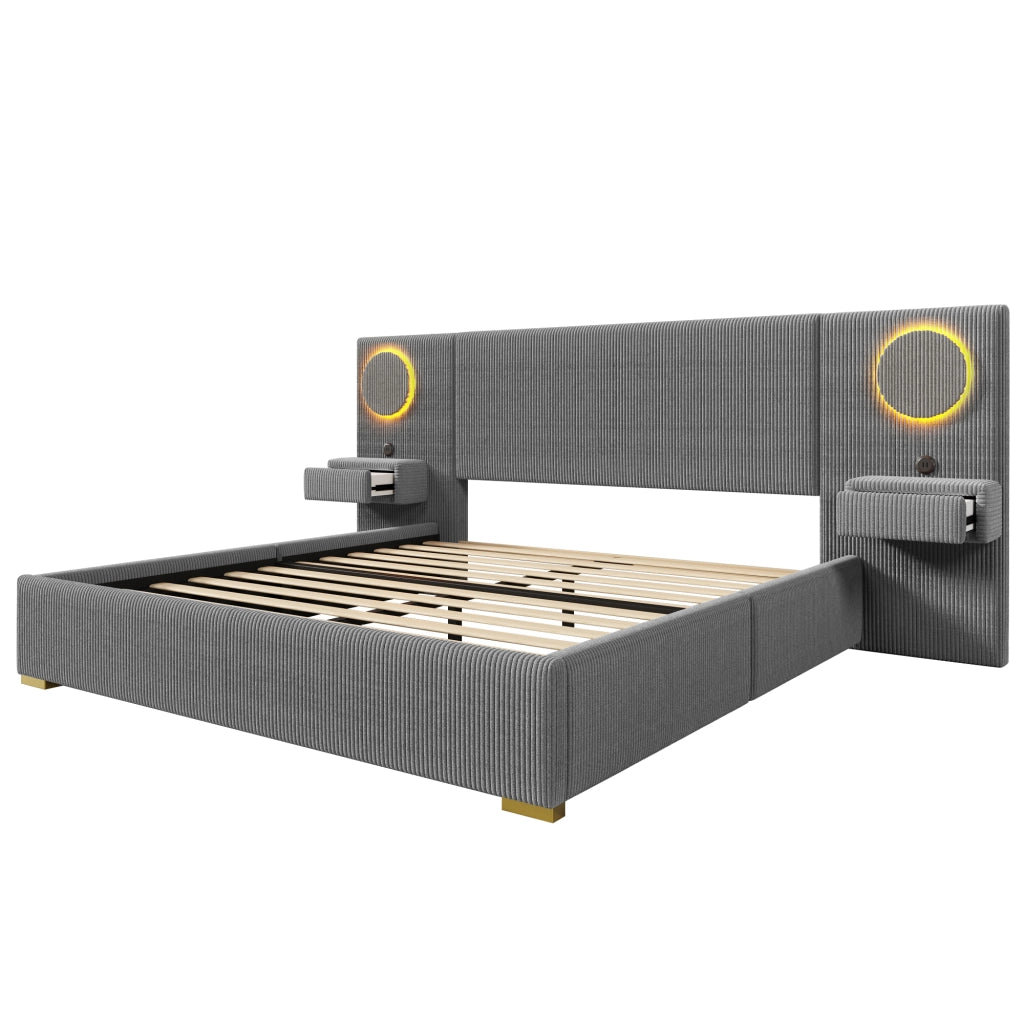 Letto matrimoniale 180 × 200 cm con LED multicolore, USB e comodini con cassetti, senza materasso, grigio