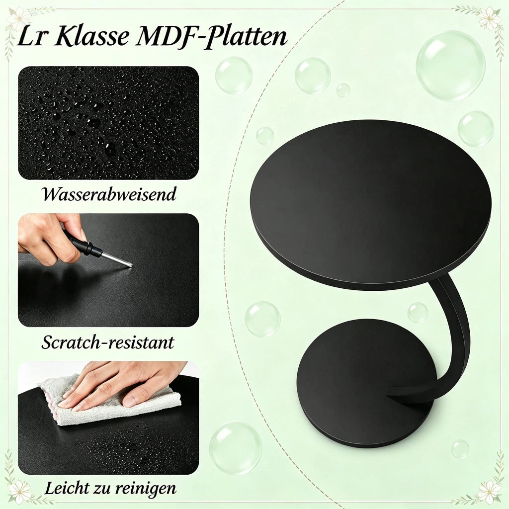 Tavolino basso a C con piano rotondo e base sotto divano, in MDF e metallo, nero, per soggiorno, 40 × 64,5 cm