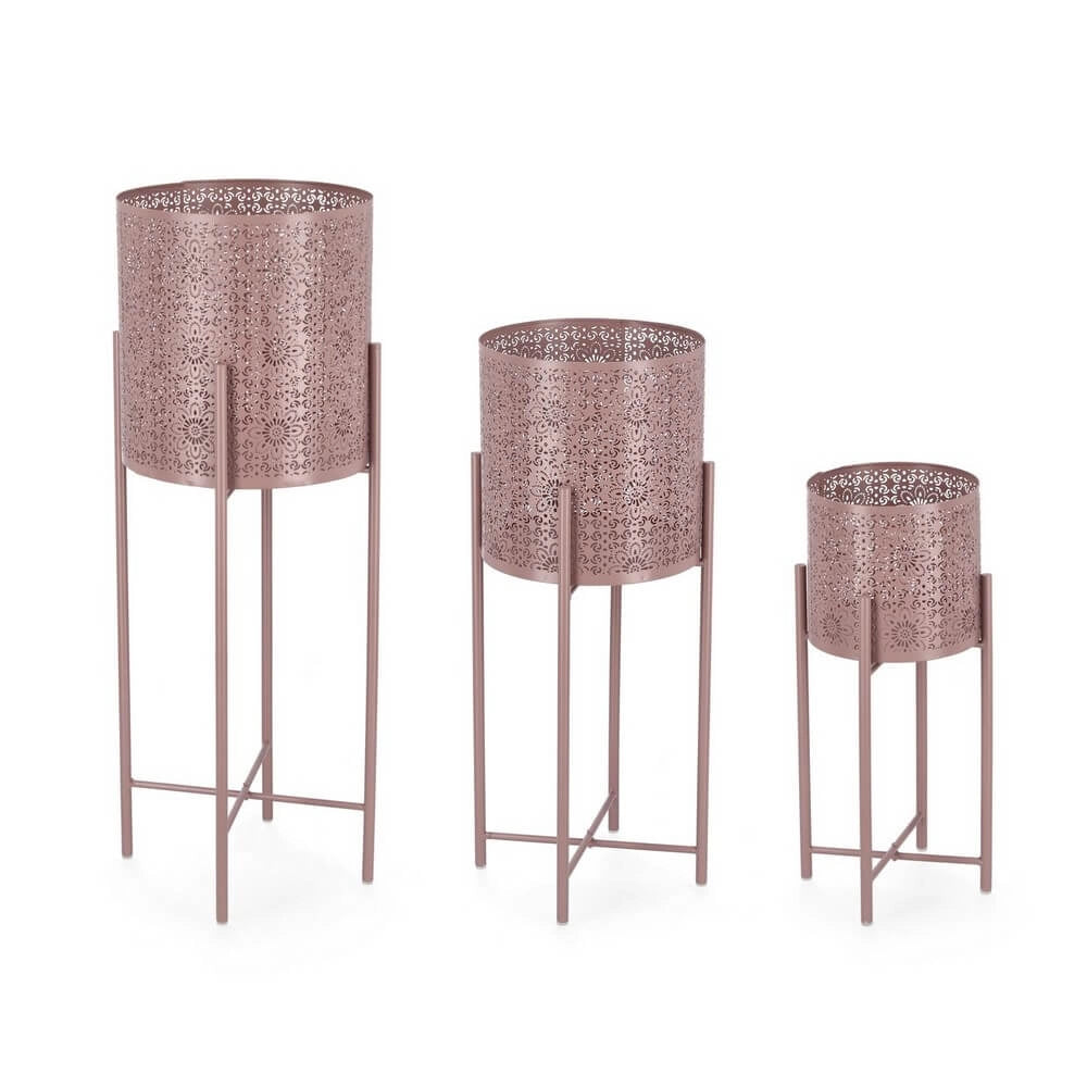 Set da 3 Porta Vaso Tondo in Metallo Traforato con Piedistallo - ARTISAN