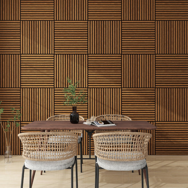 Set Vang di 8 Pannelli Murali 3D Fonoassorbenti 60x60 cm a Listelli Dritti Copertura 2,88 m² - Effetto Legno Teak NEU.HOLZ
