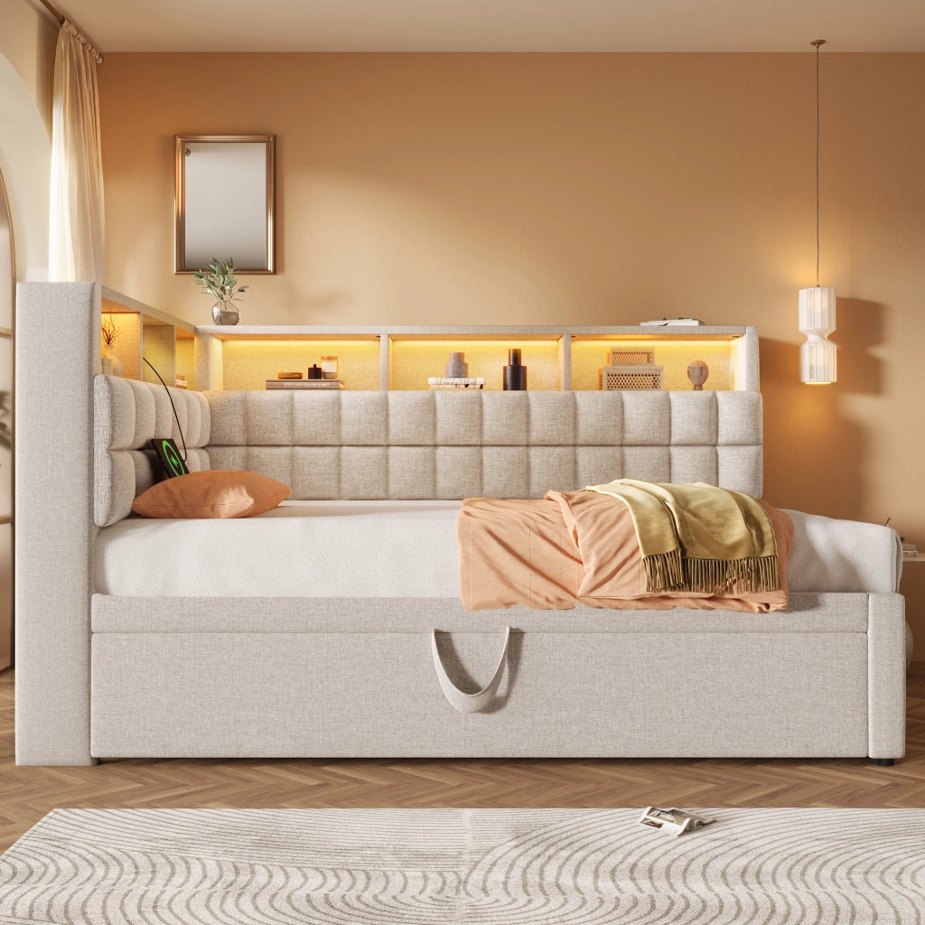 Letto Estraibile 90x200 cm; USB; Type-C; Bluetooth e LED Regolabile - Beige