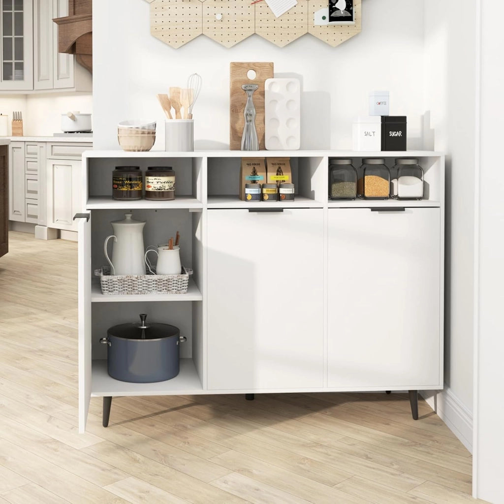 Credenza da Buffet con 3 Ante, Mobilellto da Cucina con Ripiani Regolabili in Altezza, 3 Scomparti Aperti e 3 Armadi, Armadietto Autoportante per Bar, Soggiorno e Sala da Pranzo, Bianco