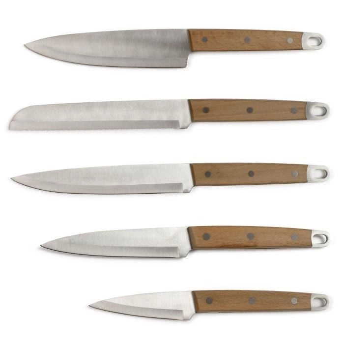 Set di 5 coltelli - LIVOO - MEC129 - Coltelli: chef, pane, cucina, affettare e sbucciare - Acciaio inossidabile - Manico in faggio