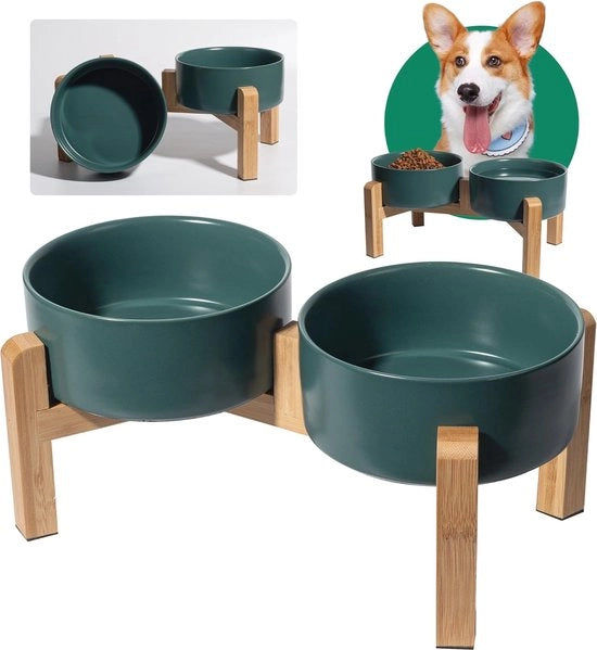 Bacche per cibo e acqua per cani elevate a doppio livello con base in bambù antiscivolo - 2 x 850 ml per cani piccoli e medi