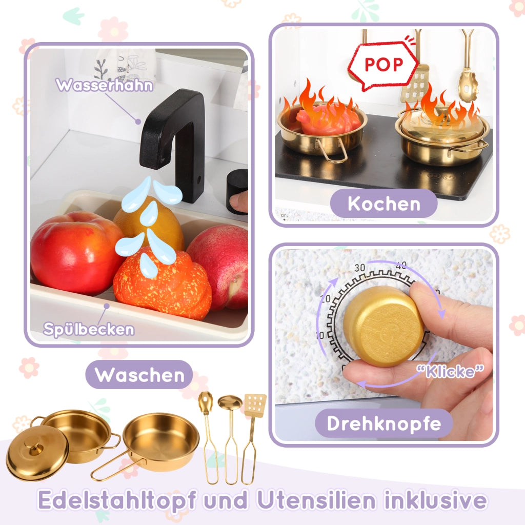 Cucina giocattolo per bambini con lavello, forno, microonde, caffettiera, isola cucina e credenze in MDF lilla