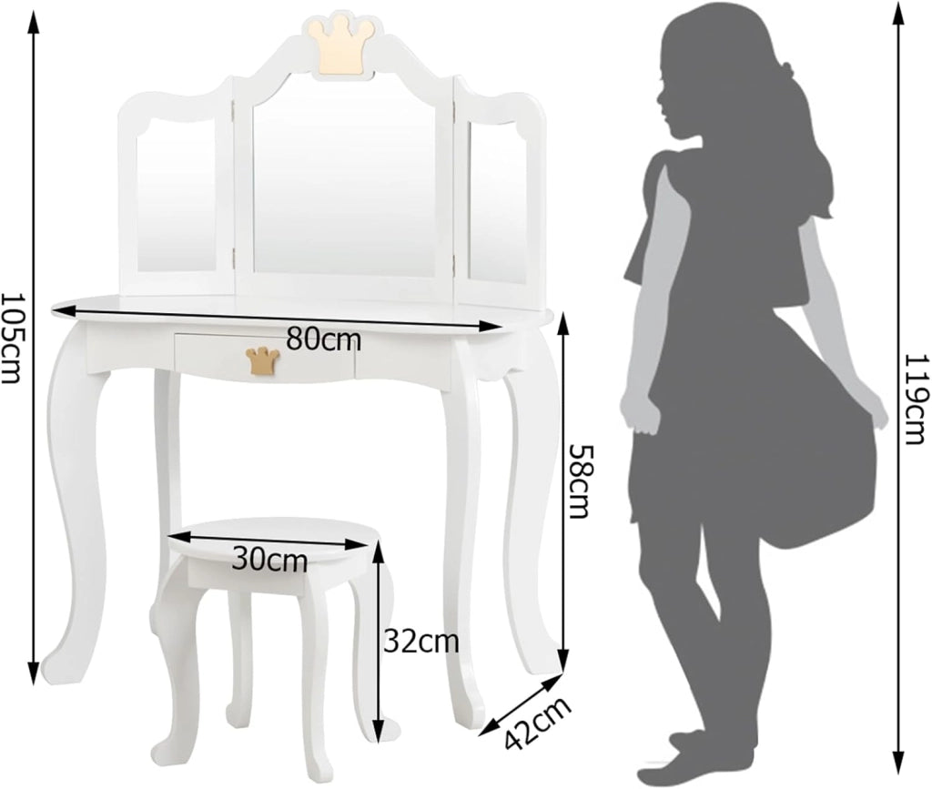 Toeletta Trucco per Bambina Staccabile, Specchiera per Ragazza in Legno con Sgabello e Cassetto, Postazione Trucco 2 in 1 per Cameretta e Cmera da Letto, 80x42x105cm (Bianco)