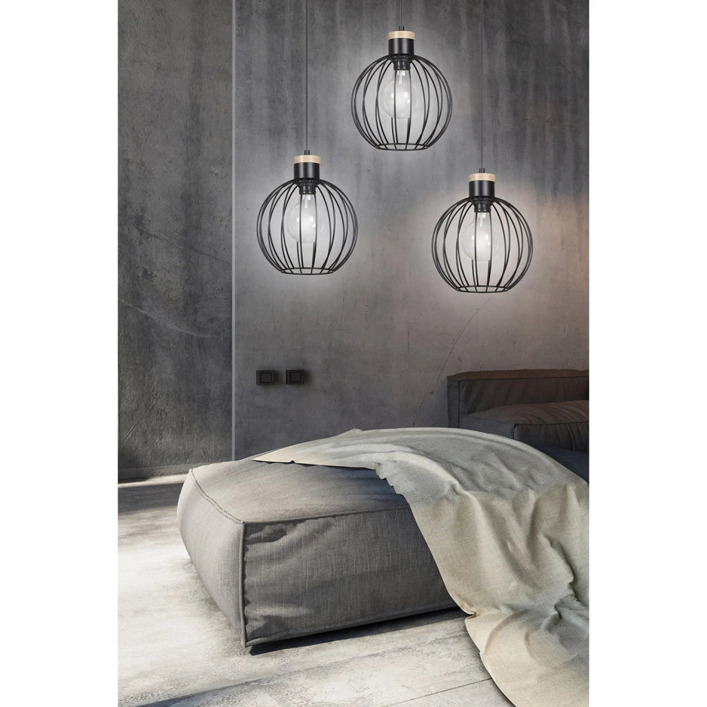 Lampadario 3 Luci Morgana Paralumi A Gabbia In Acciaio Nero E Legno Naturale