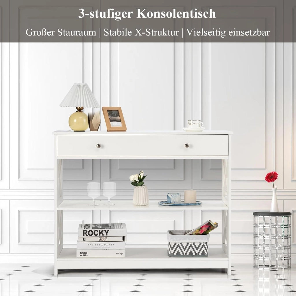 Ingresso per ingresso, console da ingresso stretta a 3 livelli con ampio cassetto per chiavi, orologi e gioielli, mobile ingresso per soggiorno e camera da letto, 100 x 30 x 80 cm (bianco)