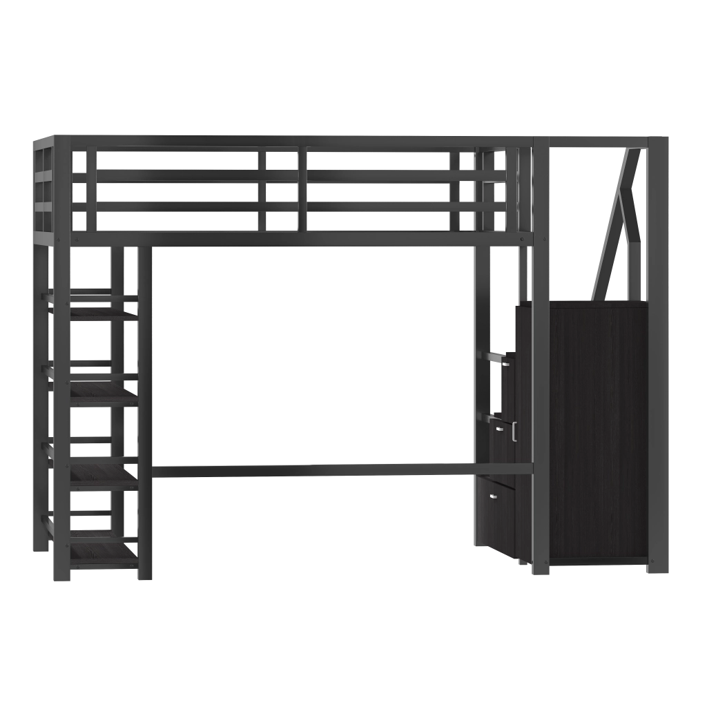 Letto a soppalco 140 × 200 cm con scaffale, armadio, scala contenitore e LED, senza materasso, nero