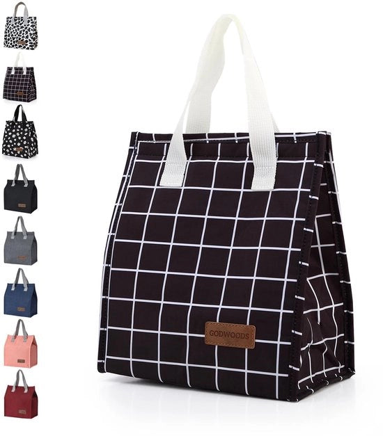 Tas Geïsoleerde per Borsa per Uomo/Donna - Borsa Grande per Cibo, Impermeabile, Ripiegabile per Ufficio, Spiaggia, Viaggio (Nero a Quadri)