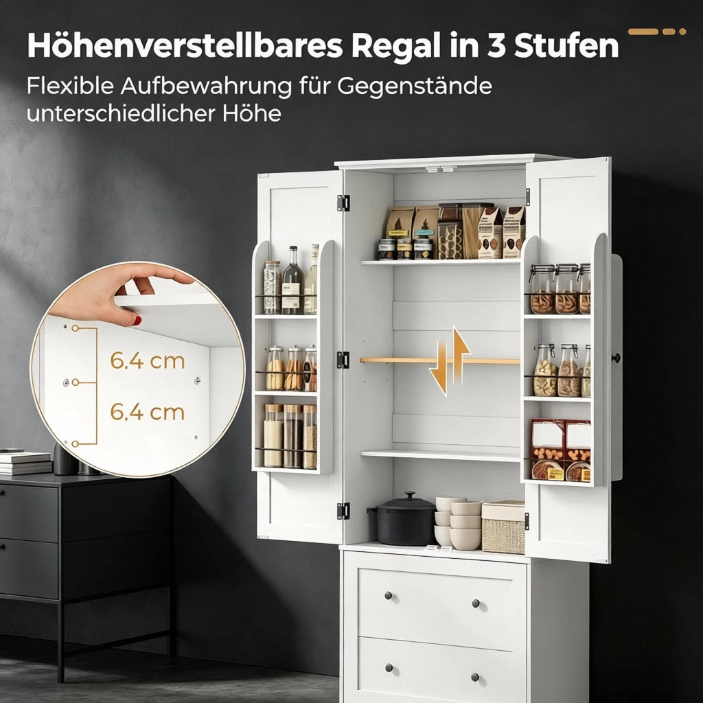 Credenza alta con 2 ante, 2 cassetti e ripiani regolabili - per cucina - 80×39.5×184.5 cm - bianco