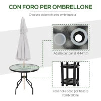 Tavolino da Giardino con Piano in Vetro Temperato e Foro per Ombrellone Acciaio Ф80 x 72 cm Nero