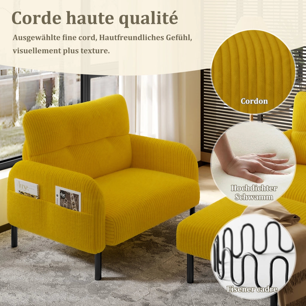 Divano 2 Posti con Poltrona e Poggiapiedi, Tasca Laterale, Schienale Ergonomico, Velluto a Coste Giallo