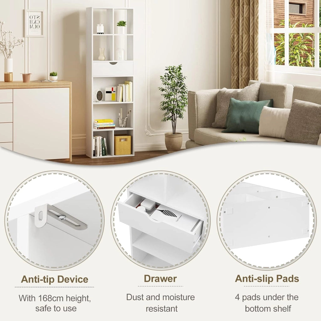 Libreria Bianca, Scaffale Soggiorno con 8 Vani Portaoggetti, Mobile in Legno Salvaspazio con Cassetto, Portalibri da Terra Moderno per Camera da Letto, Ufficio, 50x24x168 cm
