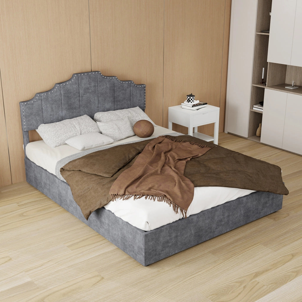 DESMIU Letto 140 × 200 cm 2 posti con testiera geometrica e materasso incluso, in velluto grigio