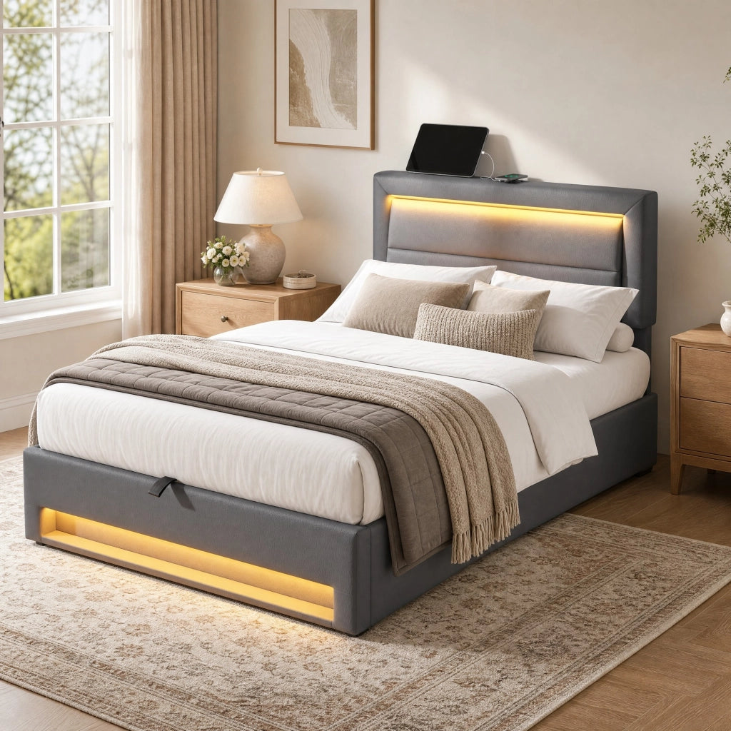 Letto imbottito con USB; LED e contenitore; per materasso 90x190 cm; PU grigio