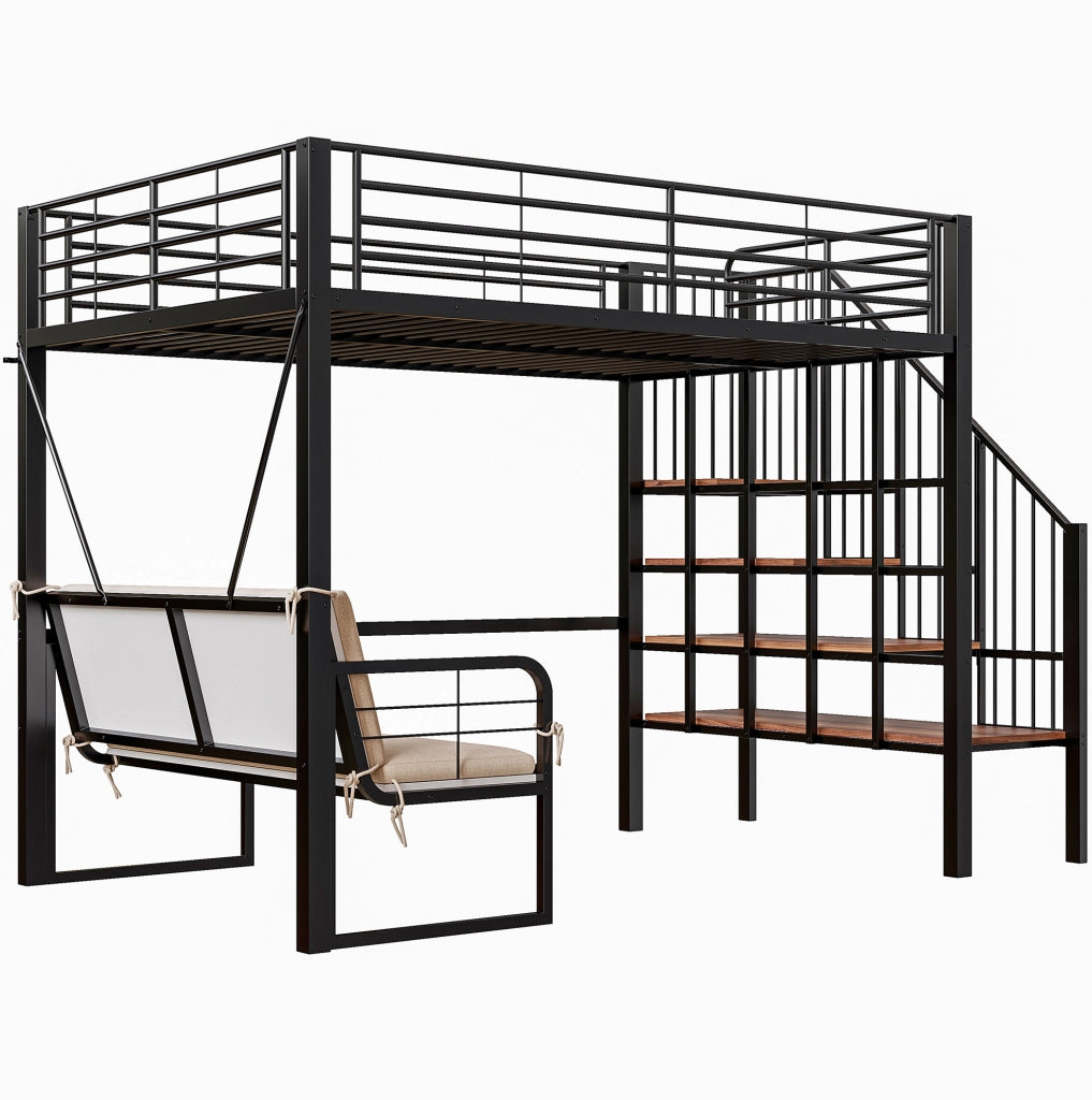 Letto a soppalco 140x200 cm con divano rimovibile e scala contenitore in metallo e MDF nero