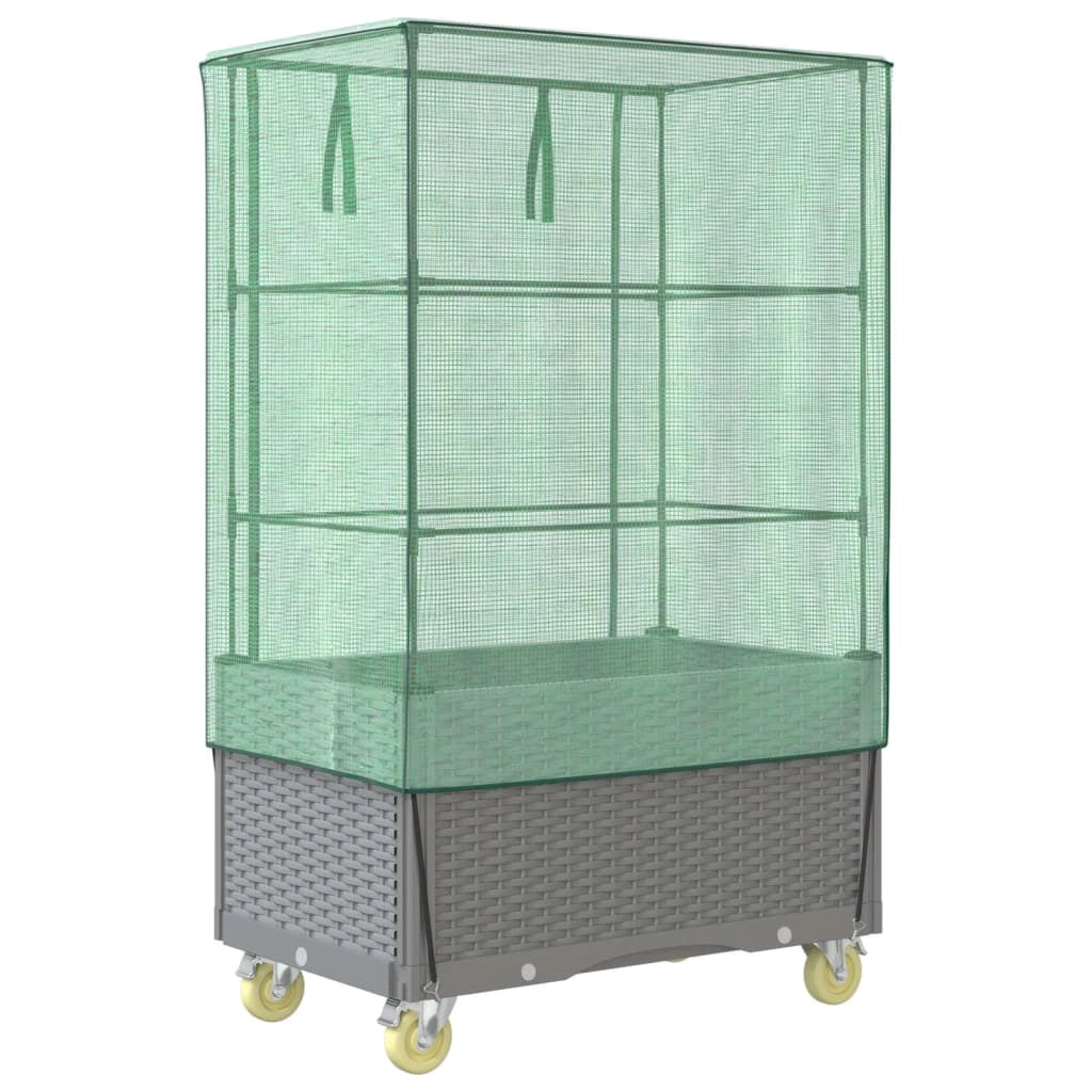 Aiuola rialzata/fioriera con copertura e ruote effetto rattan grigio chiaro 02_0038798