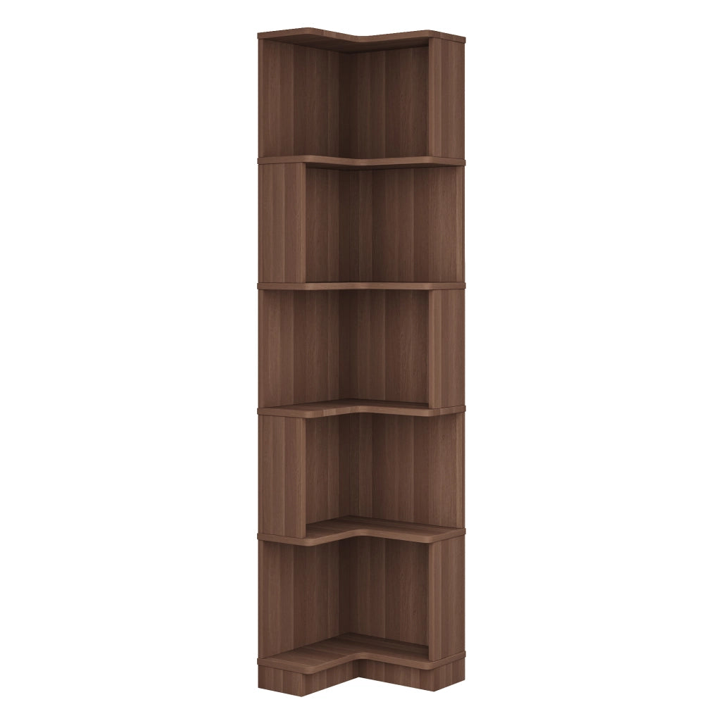 Libreria angolare a L con illuminazione LED, 63,5 x 45 x 175 cm, 5 ripiani, marrone