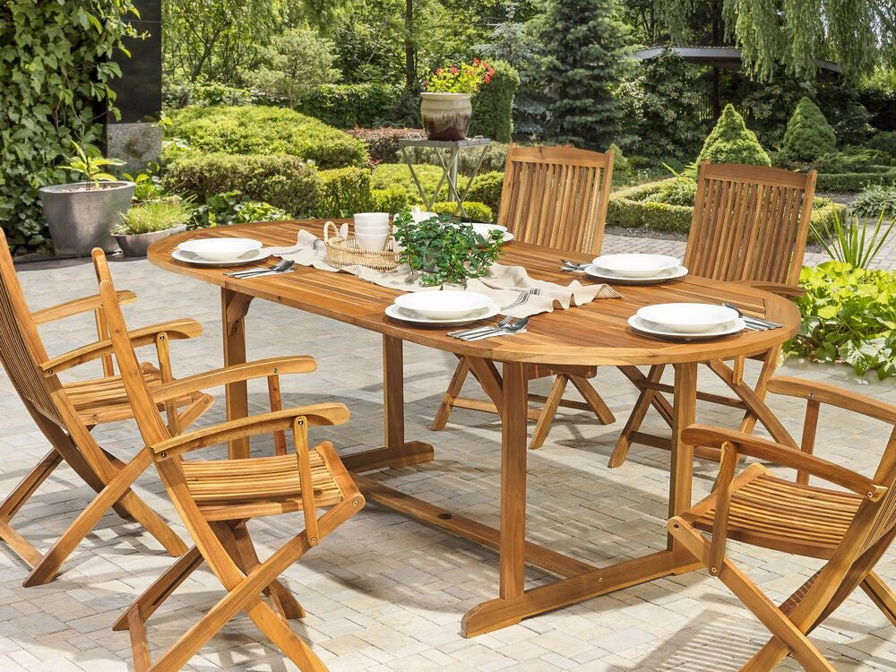 Tavolo da pranzo per esterni in legno di acacia leggero a 8 posti allungabile dal design rustico