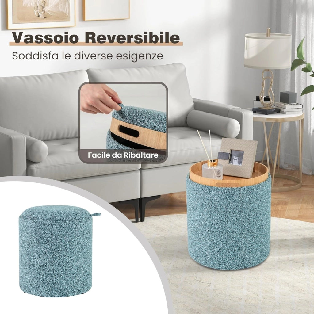 Set di 2 Pouf Contenitore, Pouf Rotondi Imbottiti da 41L+25L, con Vassoio Reversibile, Sgabello Contenitore Multifunzionale per Soggiorno, Camera da Letto, Portata 160 kg