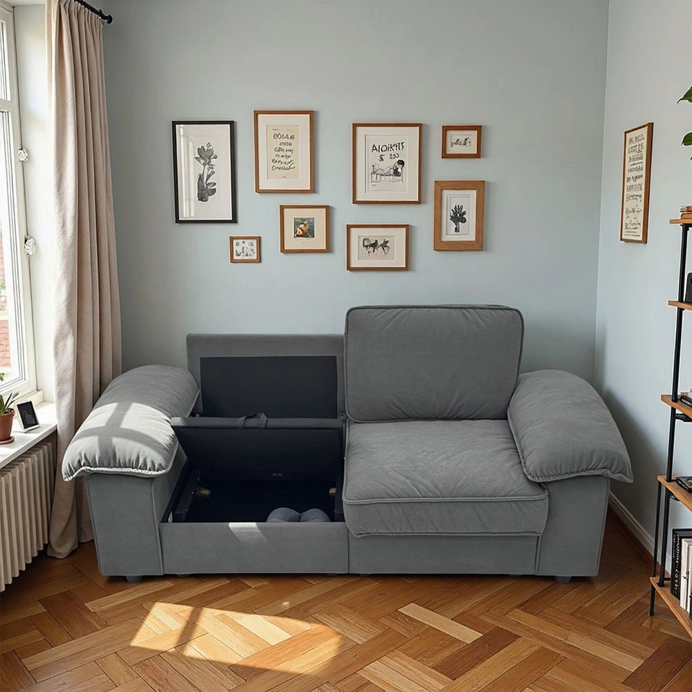 Divano 2 posti con contenitore - Xylo - Design cloud, tessuto morbido, grigio