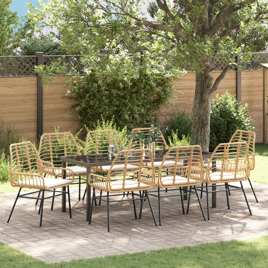 Set da pranzo da giardino 9 pezzi con cuscini marroni in polyrattan
