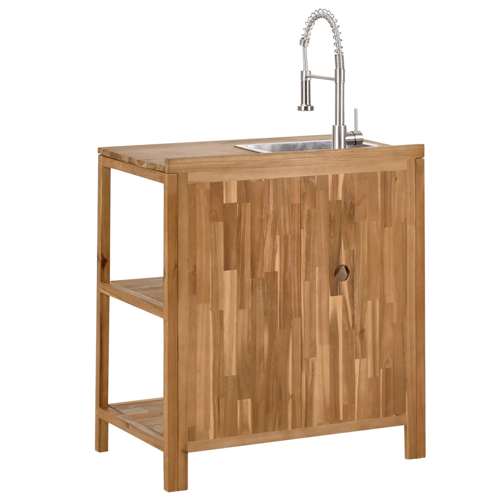 Isola da cucina per esterni con lavello e rubinetto in legno di acacia marrone e argento a 2 ripiani in acciaio inox con piano 50 x 80 x 90 cm