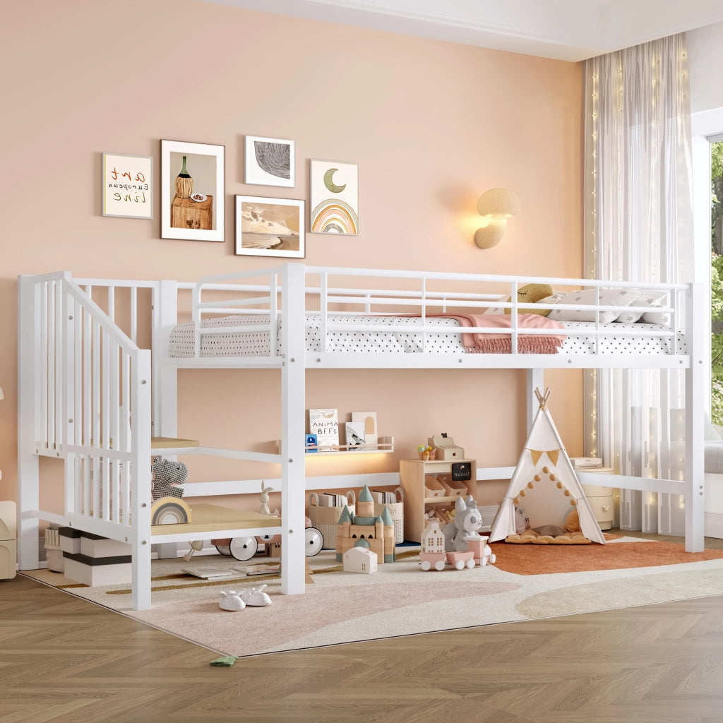 Letto alto semialto bianco con scala portaoggetti in MDF e metallo 90x200 cm