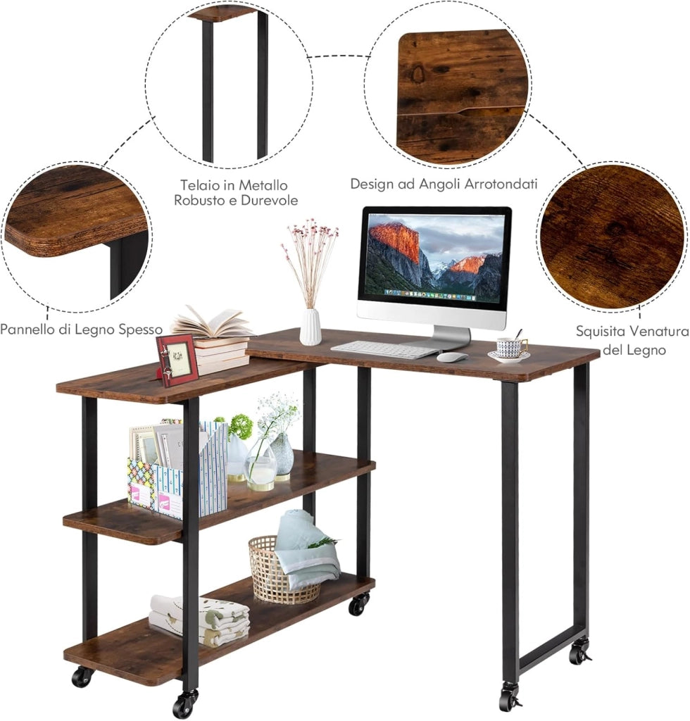 Tavolino da Salotto a Forma di L a 3 Livelli, Tavolino Girevole e Trasformabile con Ruote, Tavolino Moderno e Multiuso in Metallo e Legno (Caffè)