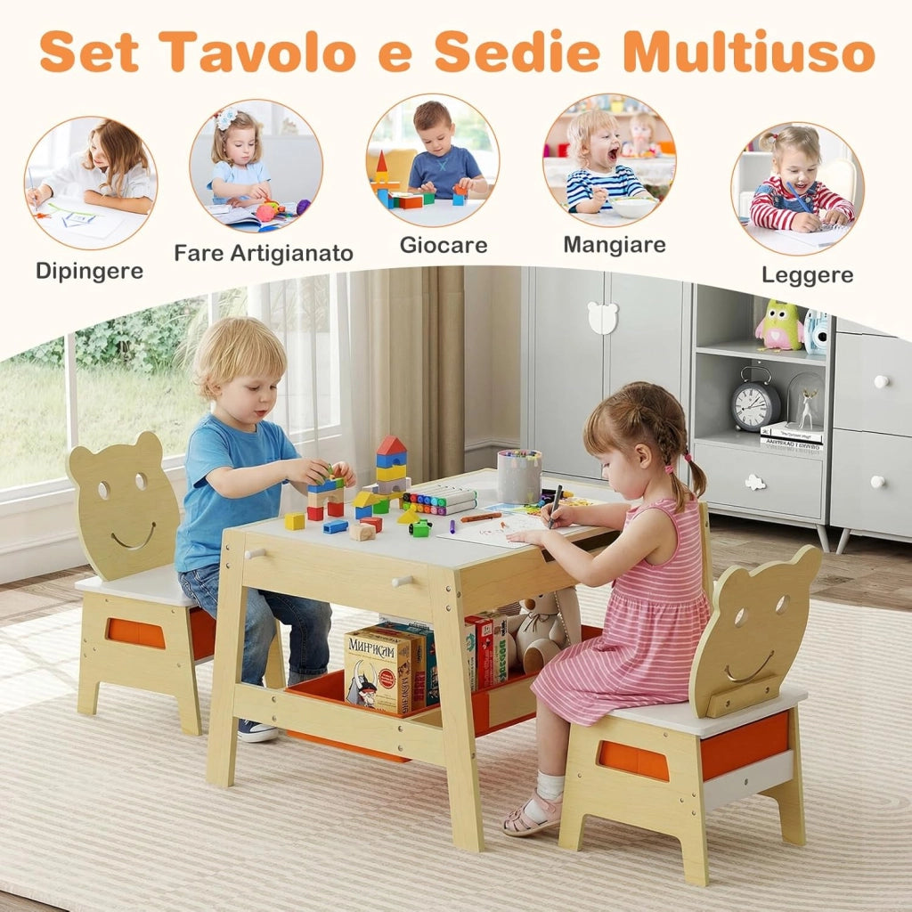 Set Tavolo e 2 Sedie per Bambini, 5 in 1 Tavolino e Sedie con 4 Ganci, 3 Scatole in Tessuto e Lavagna Reversibile per Bambini 3+ Anni per Cameretta Ragazzi (Naturale, Stile 4)