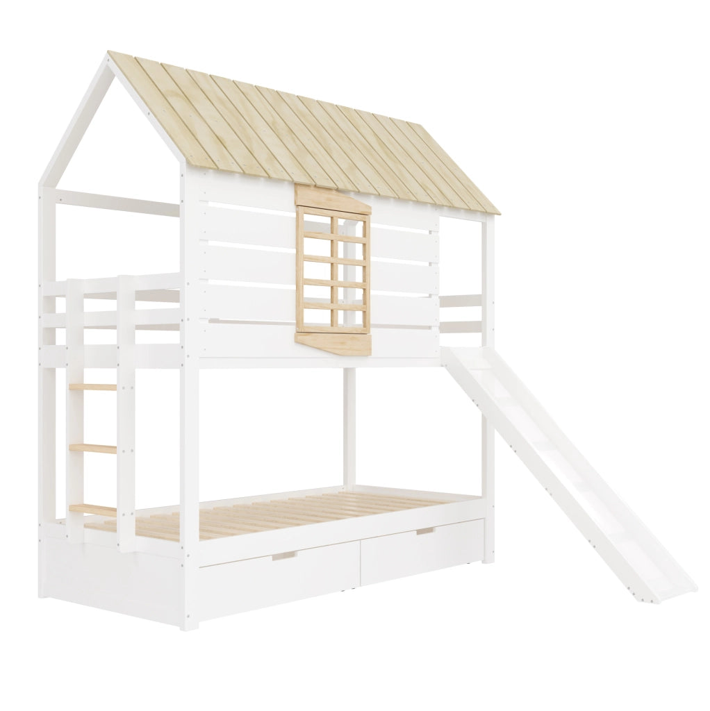 Letto a castello a casetta 90 x 200 cm con scivolo e 2 cassetti; bianco e naturale
