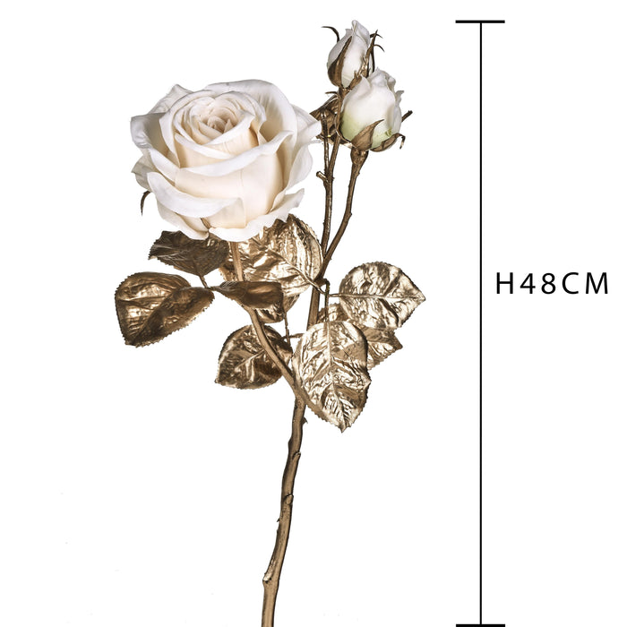 Set 6 Ramo di Rosa con 3 Rose e Foglie Dorate.H48 cm Oro