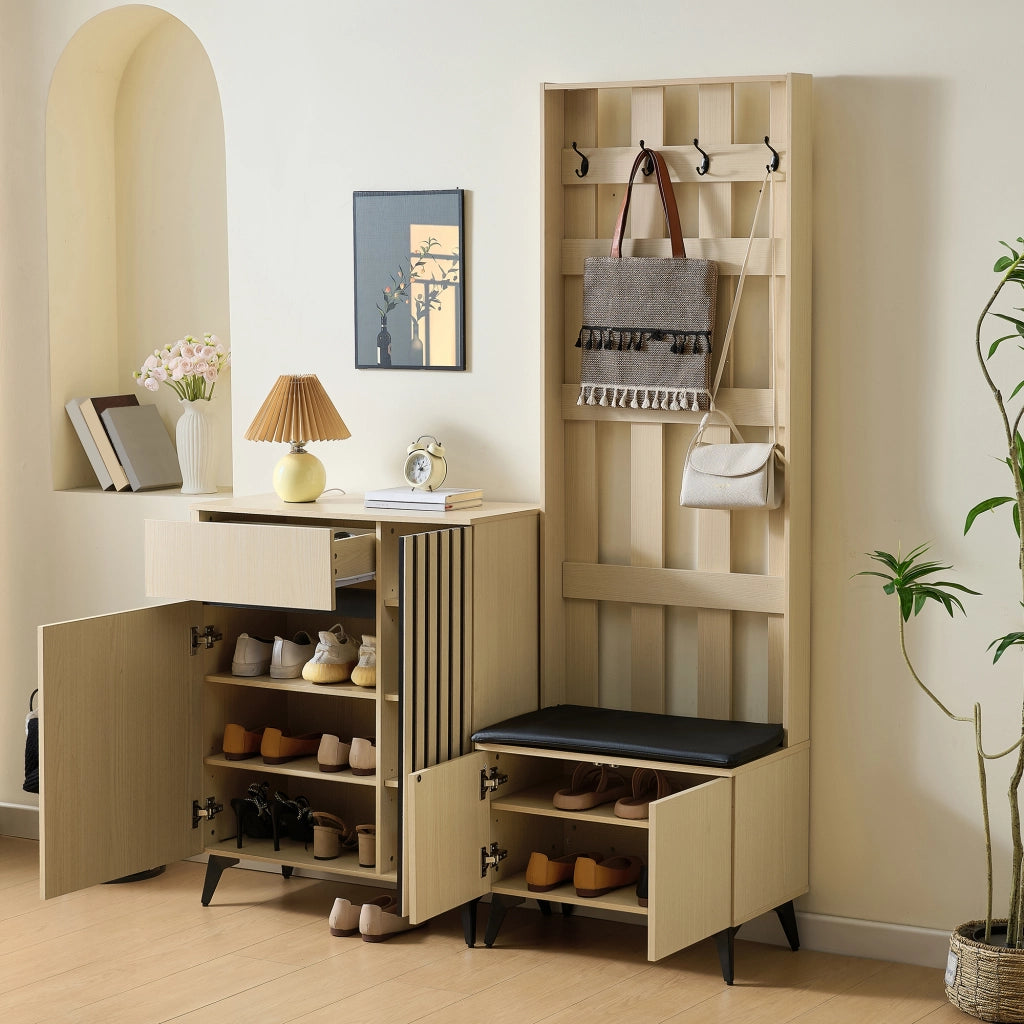 Mobili d'ingresso con panca; 4 ganci; 2 ante; 1 cassetto e ripiani regolabili; per ingresso e camera; legno; MDF