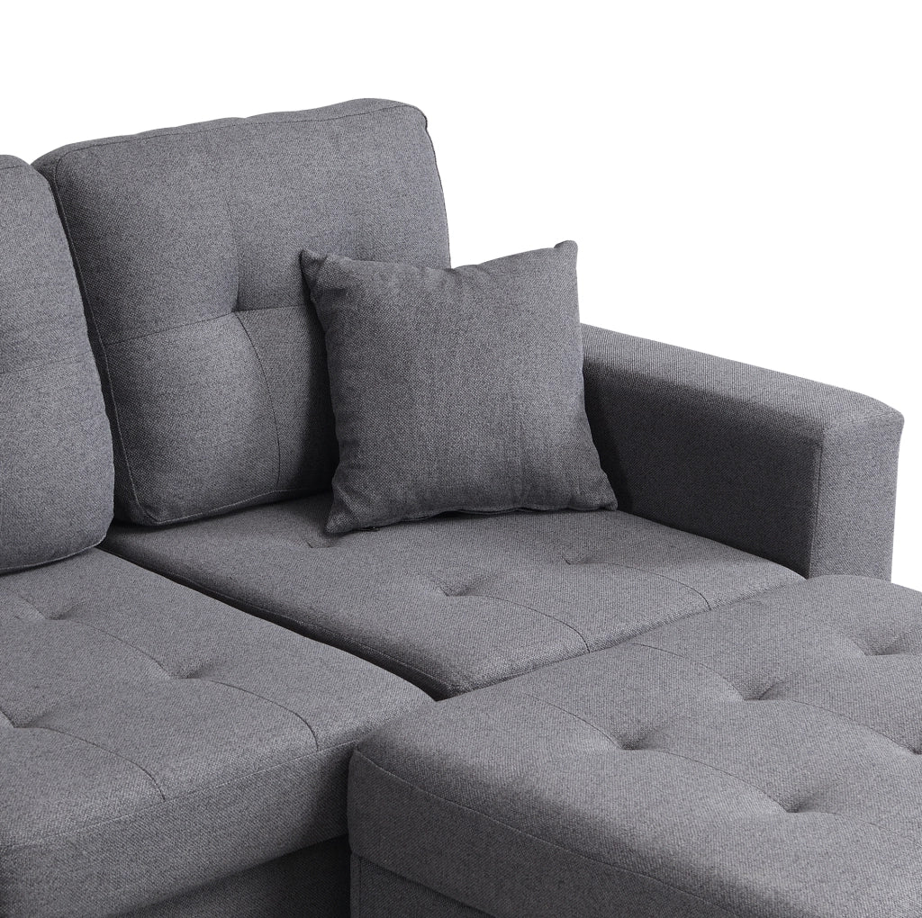 Divano angolare 4 posti con pouf contenitore, LED, USB e Type-C, grigio antico