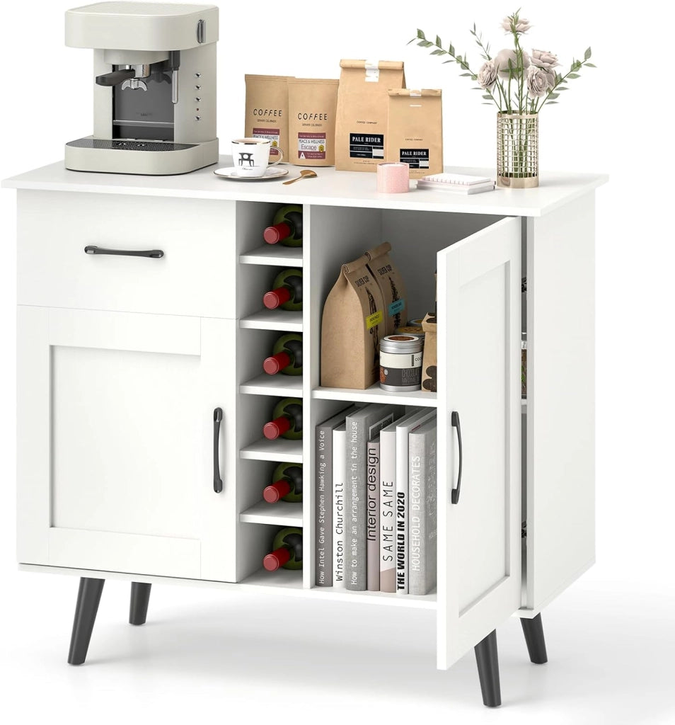 Credenza Buffett da Cucina con 6 Cubi Porta Bottiglie di Vino, Mobile da Cucina con Cassetto, 2 Ante e 2 Ripiani Regolabili, Armadio in Legno Salvaspazio per Soggiorno, 90 x 40 x 79 cm, Bianco