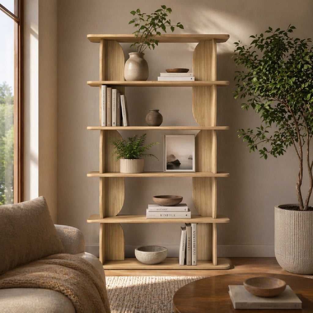 Libreria Moderna Con 5 Ripiani A Giorno Design Minimal Per Soggiorno Salotto Studio Corridoio Zona Living E Ufficio In Melaminico 120 X 181.5 X 34 Cm Rovere Naturale