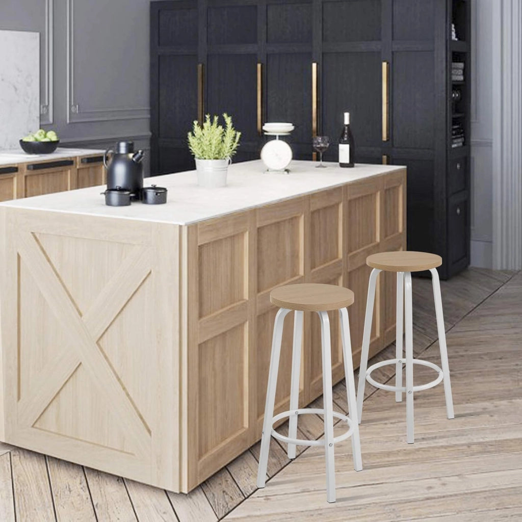 Sgabelli da Bar con Poggiapiedi Seduta Tonda Alta Sedia per Cucina Ristorante in Acciaio e Legno, Set di 4, Rovere Chiaro, BH237hei-4