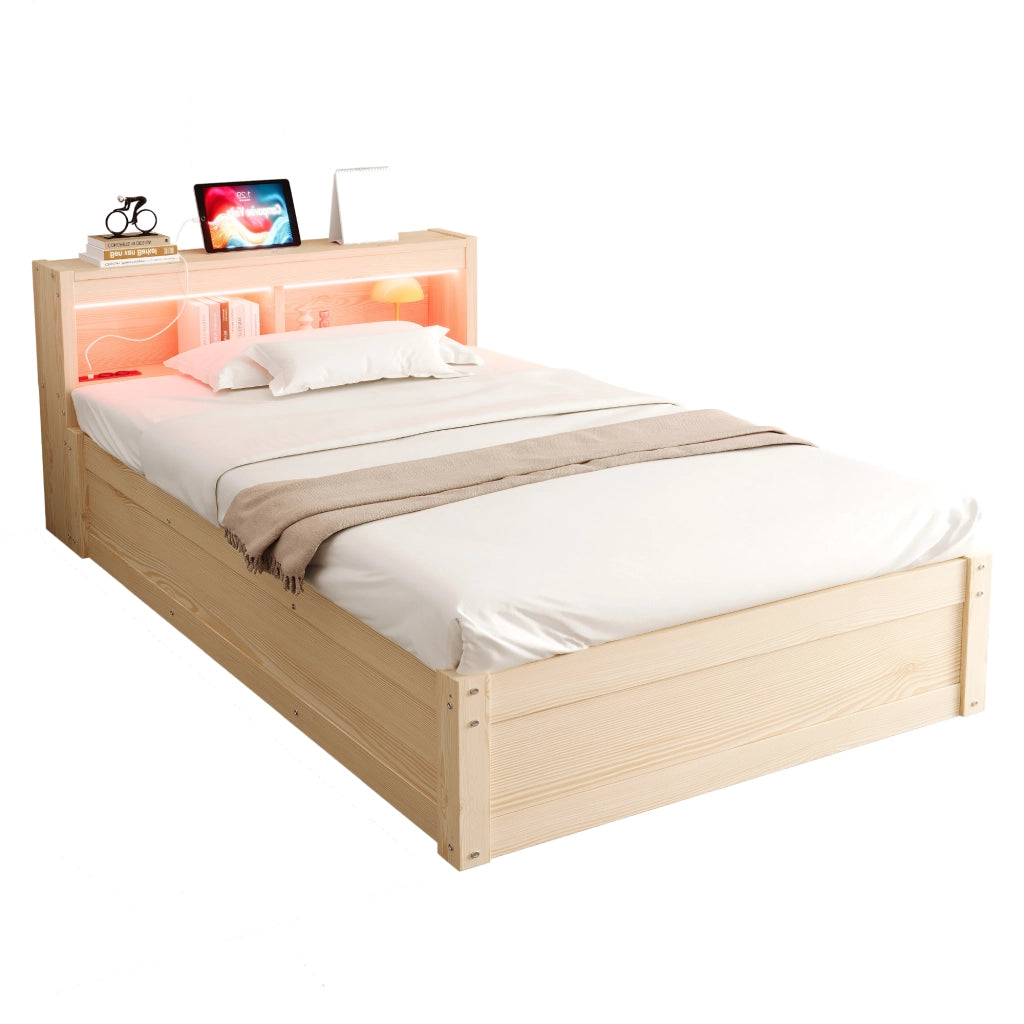 Letto singolo 90×200 cm con contenitore; presa multifunzione; LED e rete sollevabile; senza materasso; MDF; legno