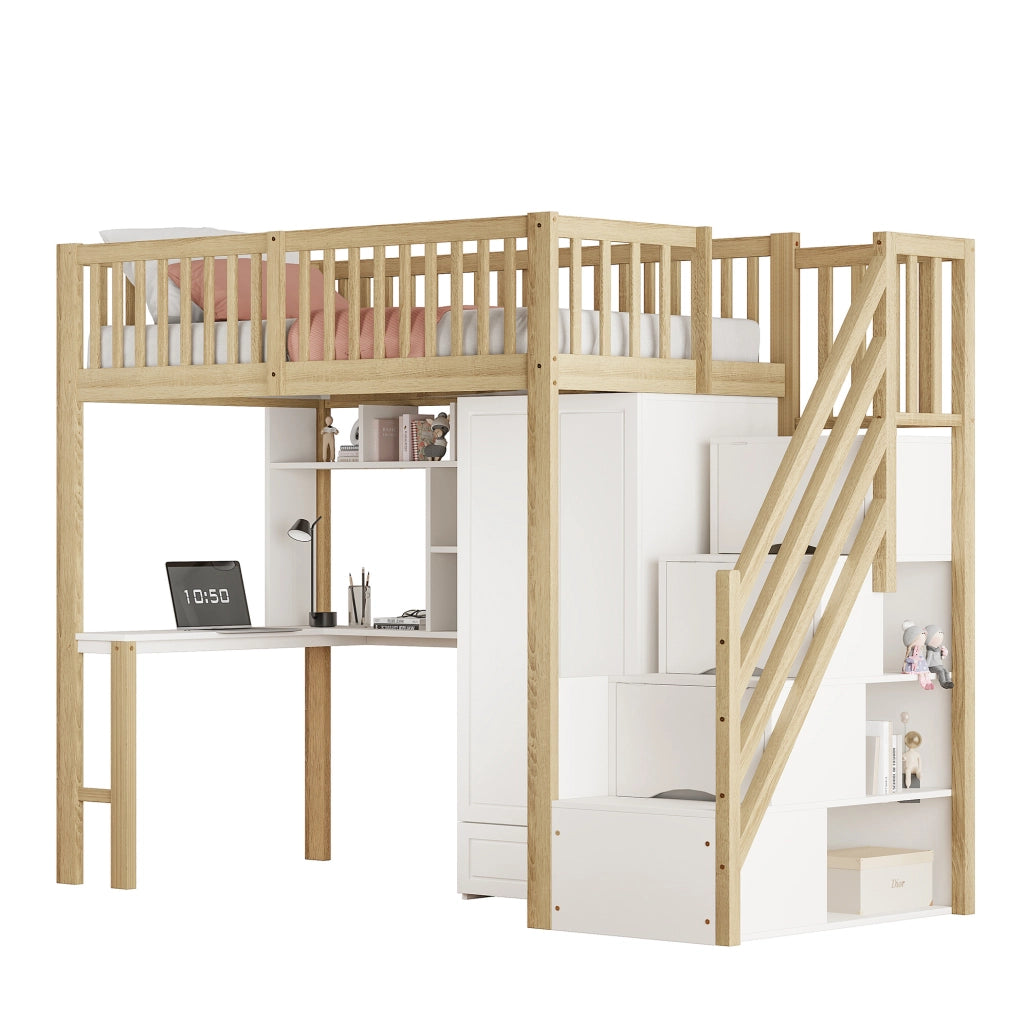 Letto a soppalco 90x200 cm con armadio; scrivania e scala con cassetti; bianco e legno