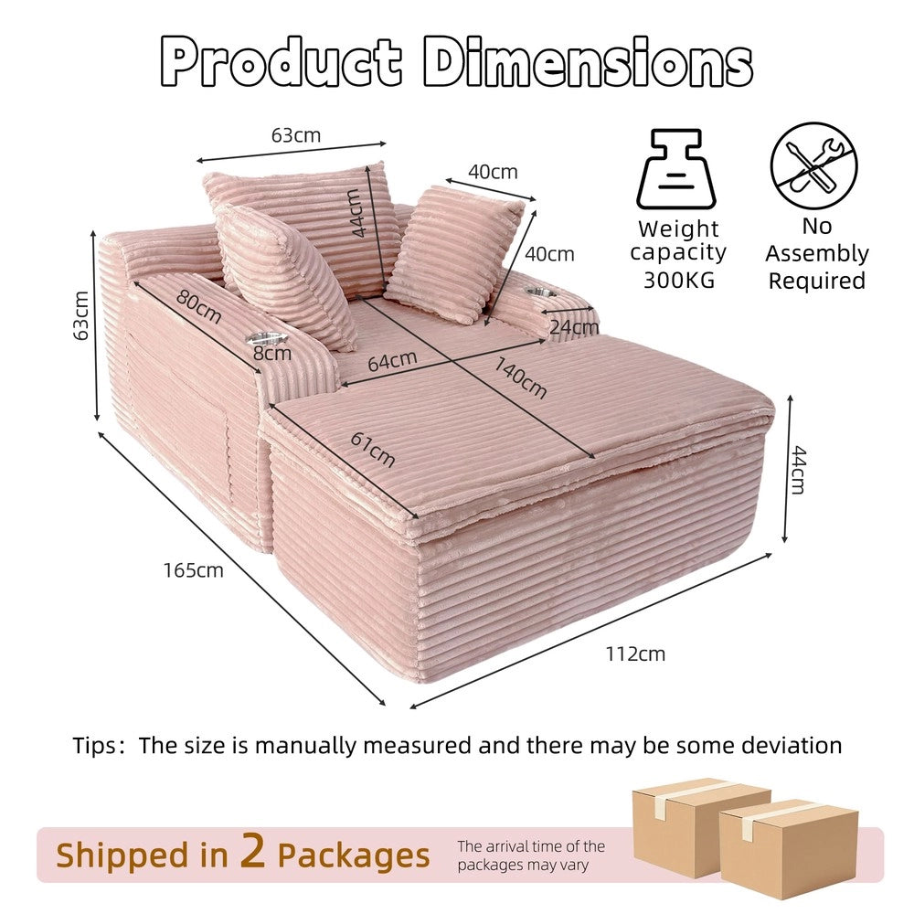 Divano Letto con Chaise Longue ¨C MINIMAL ¨C Rosa, 3 Cuscini, Senza Montaggio