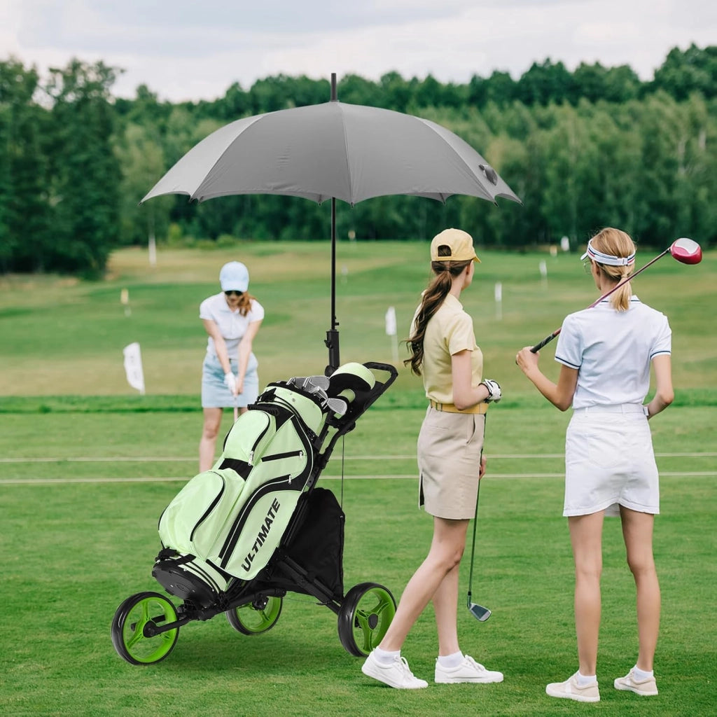 Carrello da Golf Pieghevole con 3 Ruote, Struttura in Alluminio, Cinghia Elastica, Portaombrello Regolabile e Porta Bicchiere, Segnapunti e Freno a Pedale