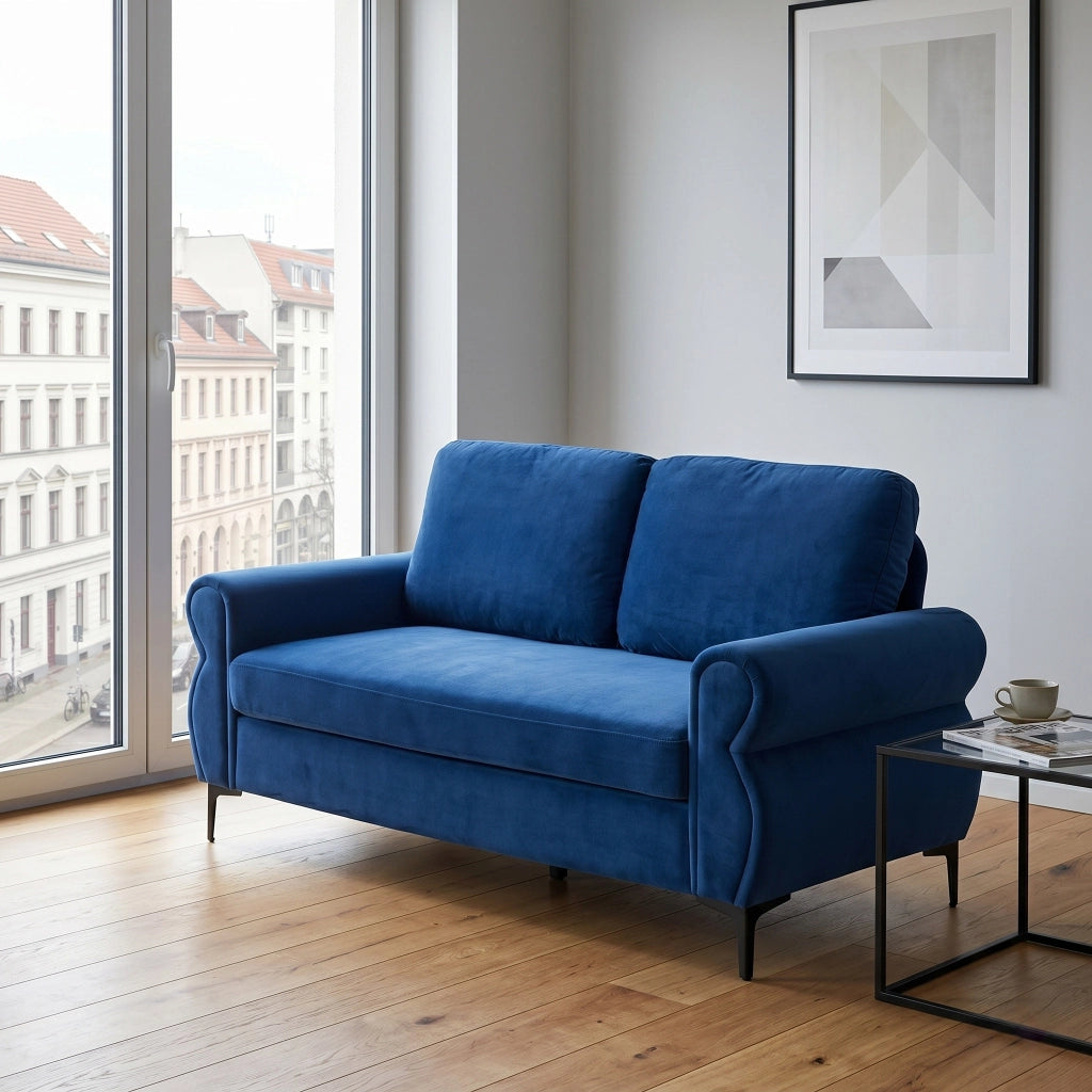 Divano compatto in tessuto blu con cuscini sfoderabili e struttura in metallo e legno; lunghezza 173.5 cm