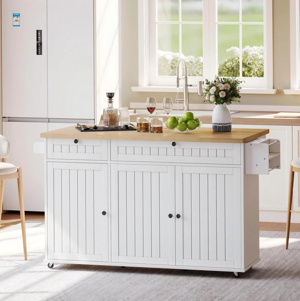 Isola cucina 137x89.5x45 cm con piano ribaltabile; ruote bloccabili; MDF; naturale e bianco