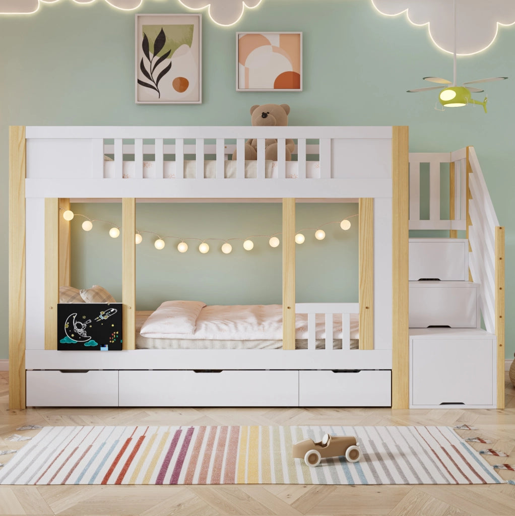 Letto a castello per bambini 90x200 cm con scala contenitore