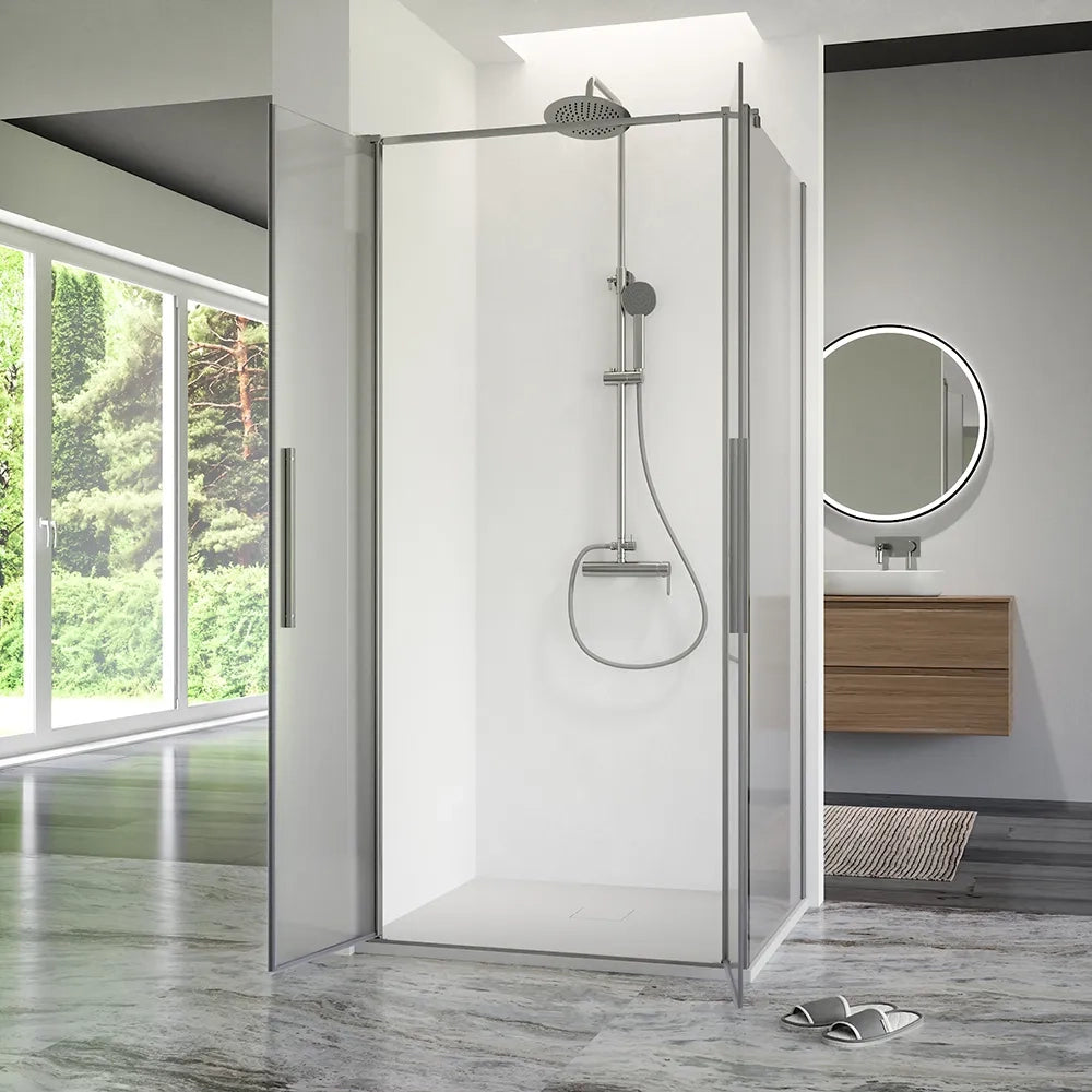 Box doccia 100x90cm con apertura saloon e parete fissa, profili cromati e vetro da 6mm opaco h195 | Elba